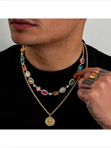 Puzzle Piece Colorful Gemstone Double Layer Necklace  Gold Compass Pendant Chain  Y2K Streetwear Hip Hop Jewelry for Men  Punk Statement Neckchain for Club, Party & Daily Outfits