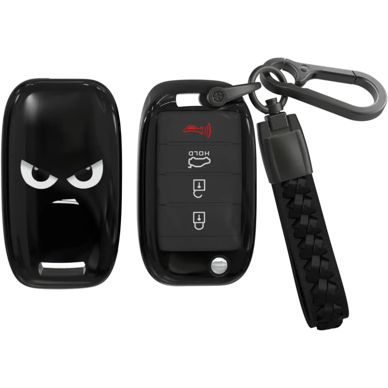 ACEBOY Soft TPU & Leather Car Key Fob Cover with Metal Keychain, Black 3/4-Button Case for Kia & Hyundai Models, Offers Protection & Easy Button Access