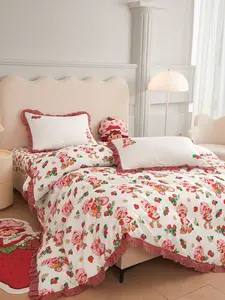 Strawberry Shortcake Strawberry Print Ruffled Bedding Set - Comfy Option for Cute Rooms, Charming Pick for Bedroom Decor, Comfy Bedding Set, Charming Bedding