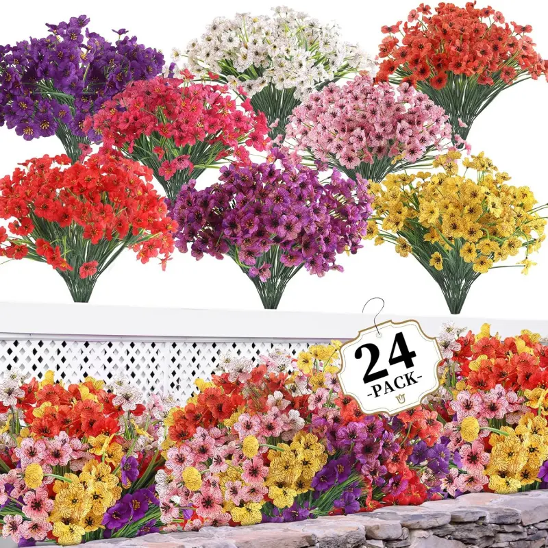 24 Bundles Artificial for Outdoors/Indoors, Fake Plants for Indoor Outside Porch Window Box Home Wedding Farmhouse(8 Color)