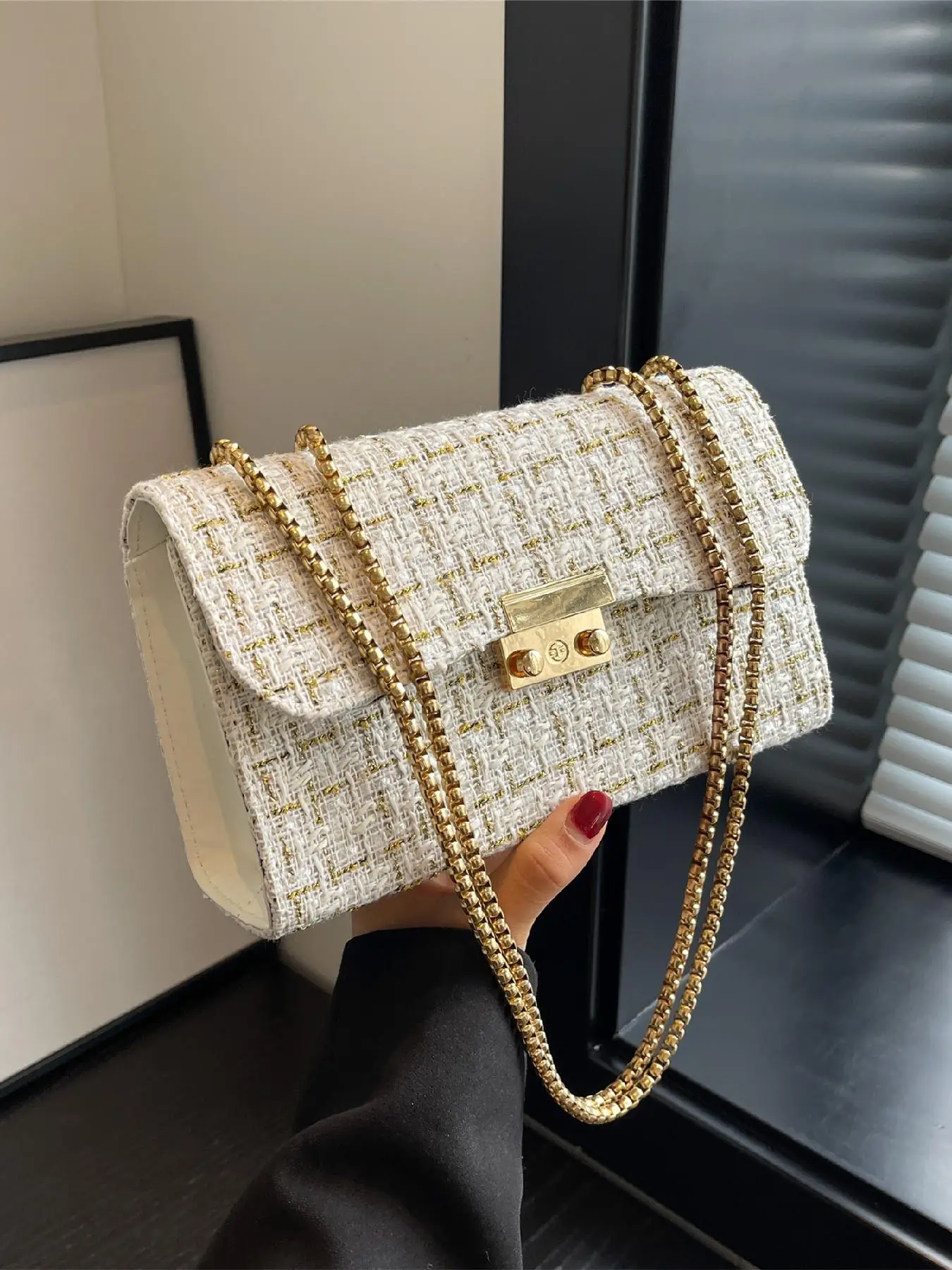1 Piece Fashionable Tweed Design Flap Square Shoulder Bag with Chain Design Strap, Trendy Elegant Square Flap Shoulder Bag For Women & Girls