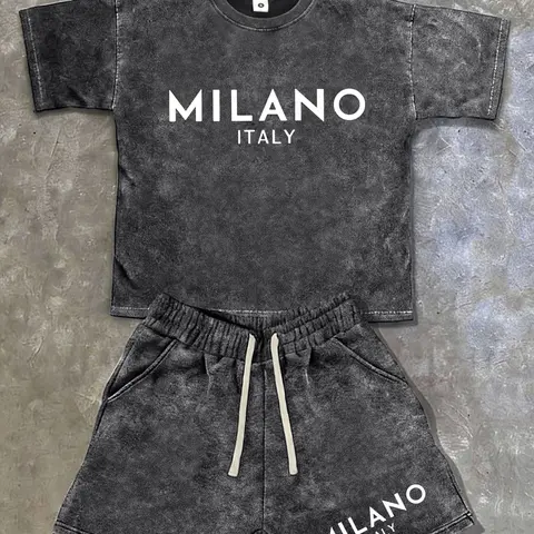 Men's 2-Piece Casual Fashion Outfits Set - Retro Washed Distressed Cotton Knit Short-Sleeve Graphic T-Shirt & Shorts, American Street Y2K Trend, Snowflake Milan Letter Print, Breathable Light Fabric, Match-Set Ease, Ideal for Surfing, Outfits Inspo