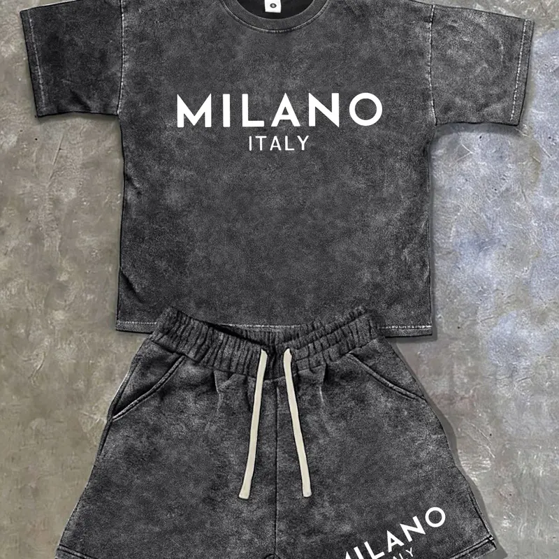 Men's 2-Piece Casual Fashion Outfits Set - Retro Washed Distressed Cotton Knit Short-Sleeve Graphic T-Shirt & Shorts, American Street Y2K Trend, Snowflake Milan Letter Print, Breathable Light Fabric, Match-Set Ease, Ideal for Surfing, Outfits Inspo