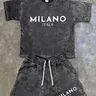 Men's 2-Piece Casual Fashion Outfits Set - Retro Washed Distressed Cotton Knit Short-Sleeve Graphic T-Shirt & Shorts, American Street Y2K Trend, Snowflake Milan Letter Print, Breathable Light Fabric, Match-Set Ease, Ideal for Surfing, Outfits Inspo