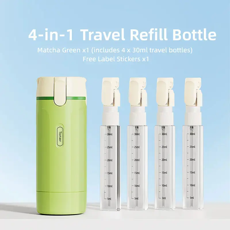 4-in-1 Travel Dispenser Bottle for Toiletries – Portable Refillable Split Bottle Set for Shampoo, Lotion & Skincare, Compact Leakproof Cosmetic Container with Easy Press Design for Travel & Vacation