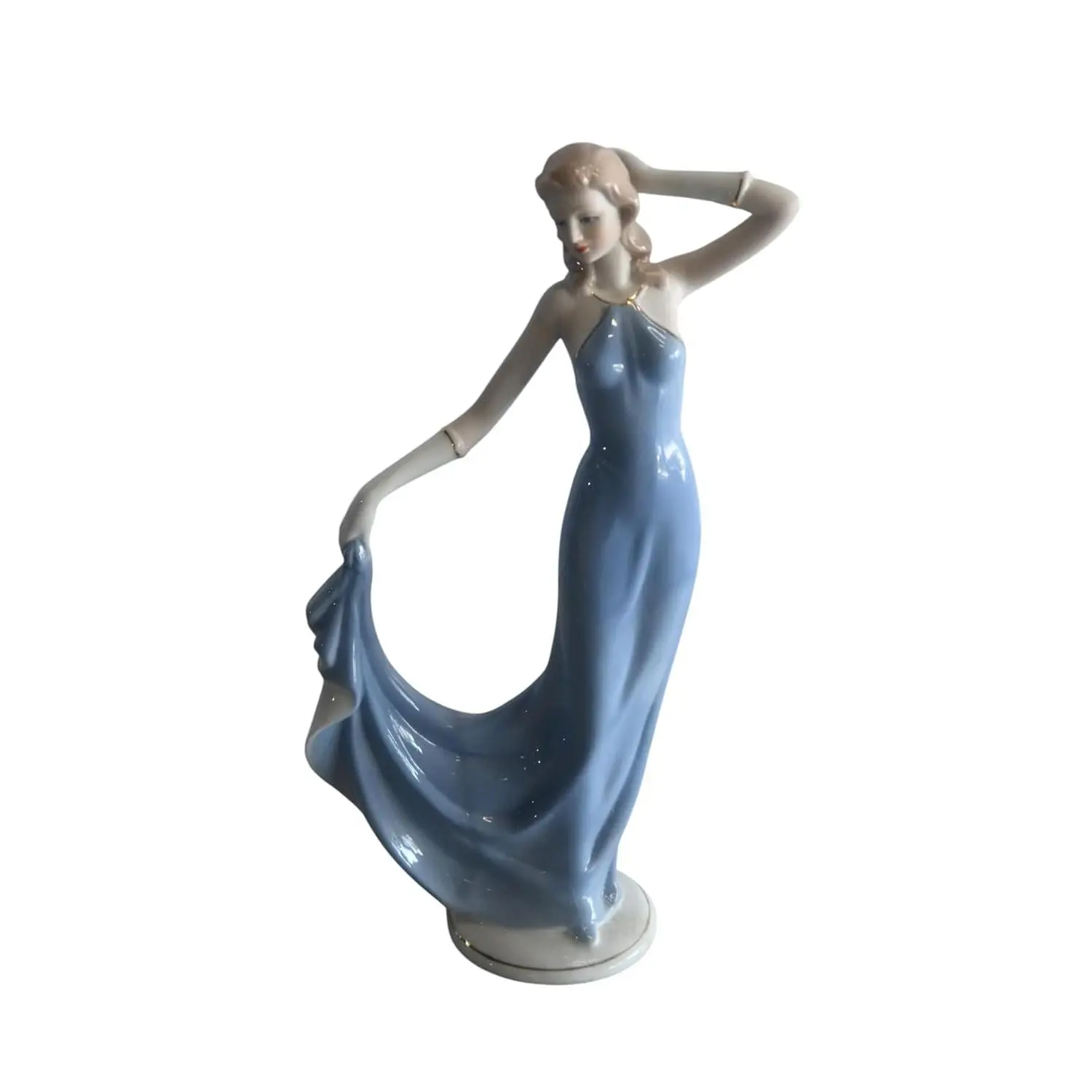 Porcelain Elegant Lady Dancer Figurine - Blue Flowing Gown, 5"x3"x12"H, Decorative Statue, Collectible Cultural Porcelain Shelf Decor