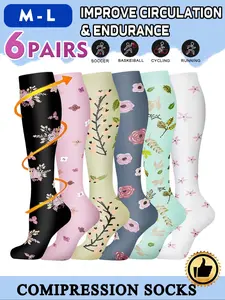 6 pairs of men's and women's compression socks wide calf men's and women's booster socks for circulation, running, nurses, pregnant women Support for blood circulation Various colour patterns available