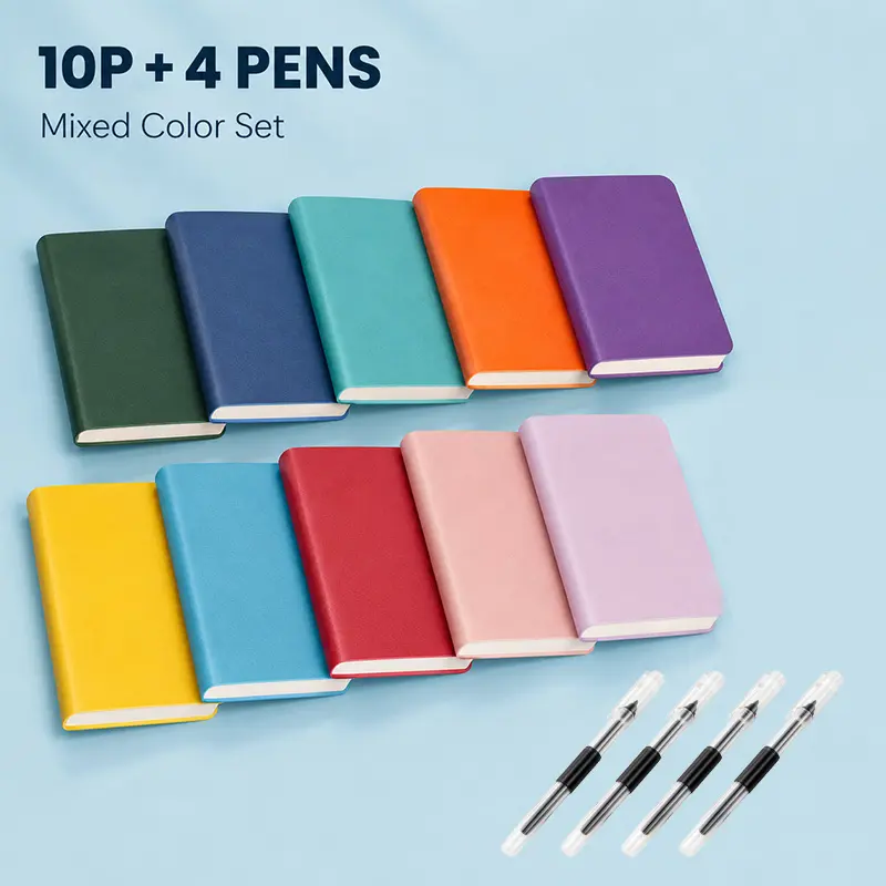 10-pack mini faux leather notebook set with pen, color random, softcover pocket notebooks, 200 pages, portable planner, suitable for students, office, and travel, back-to-school supplies