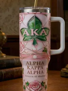 Alpha Kappa Alpha Tumbler with Handle – AKA Sorority Luxury Mug, Pink & Green Stainless Steel Cup, Perfect AKA Gift