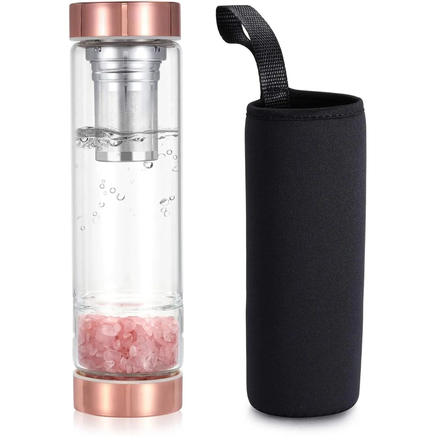 Crystal Water Bottle, Rose Quartz  Glass Water Bottle, Includes a Loose Leaf Tea Infuser Bottle and Protective Sleeve