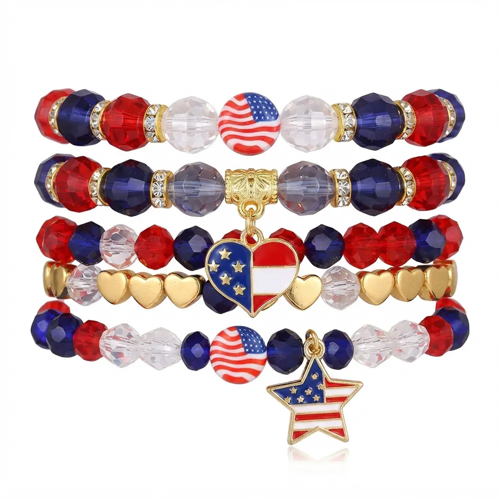 RENFUGUI Women's Patriotic Flag Hearts Stackable Bracelet Set, 4-Layer Red White Blue Crystal Beaded Stretch Fit Jewelry for 4th of July Independence Day, 4Pcs Gifts