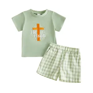 Babamoon Kids Baby Boys Easter Shorts Sets Short Sleeve O Neck He is Risen Jesus Cross Embroidery Tops and Plaid Shorts Clothing Set 3M-3Y