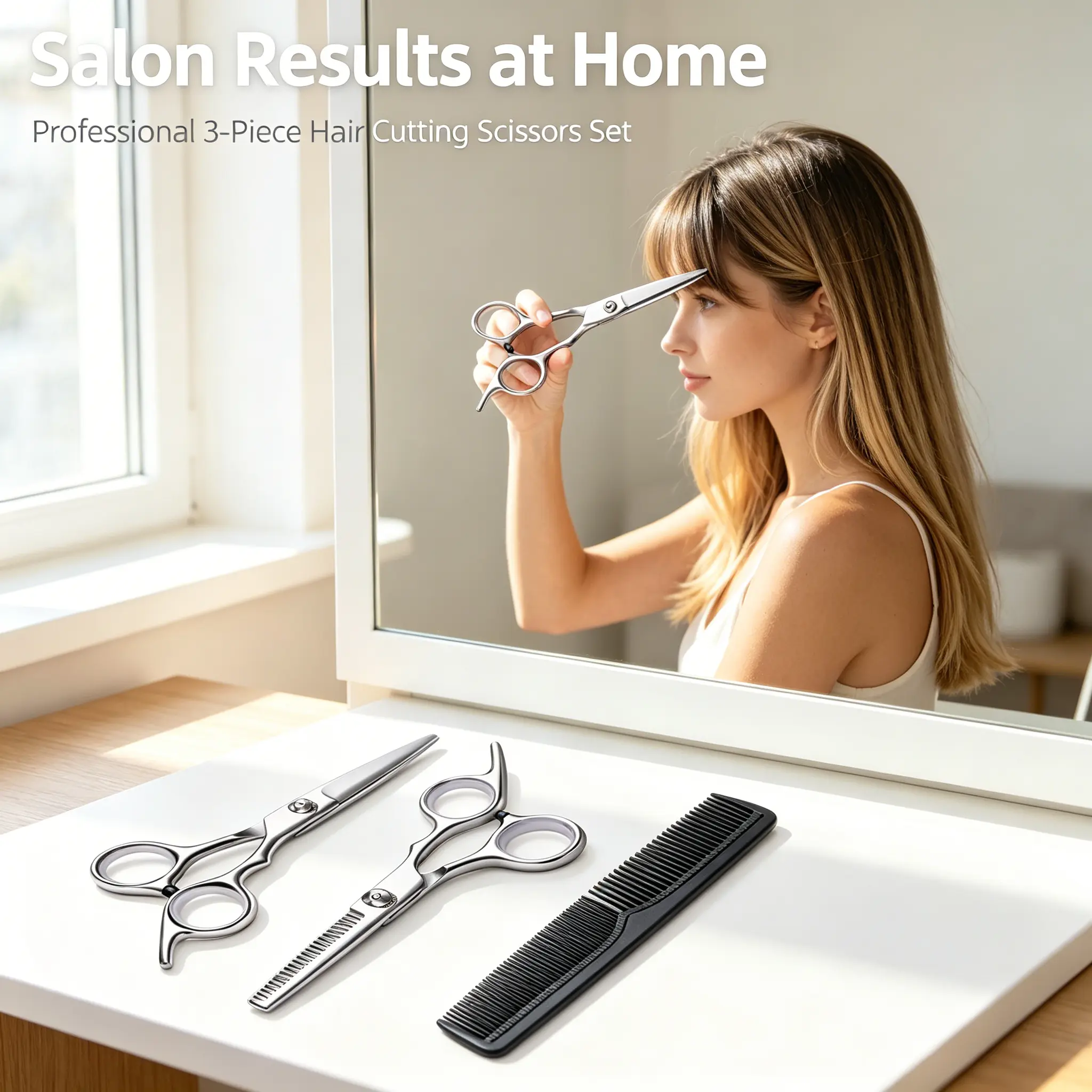 3PCS Professional Barber Hair Cutting Scissors Set, Stainless Steel Flat & Thinning Shears with Comb, Sharp Hairdressing Kit for Home Salon, Beginner Friendly, Men Women Kids & Dog Grooming