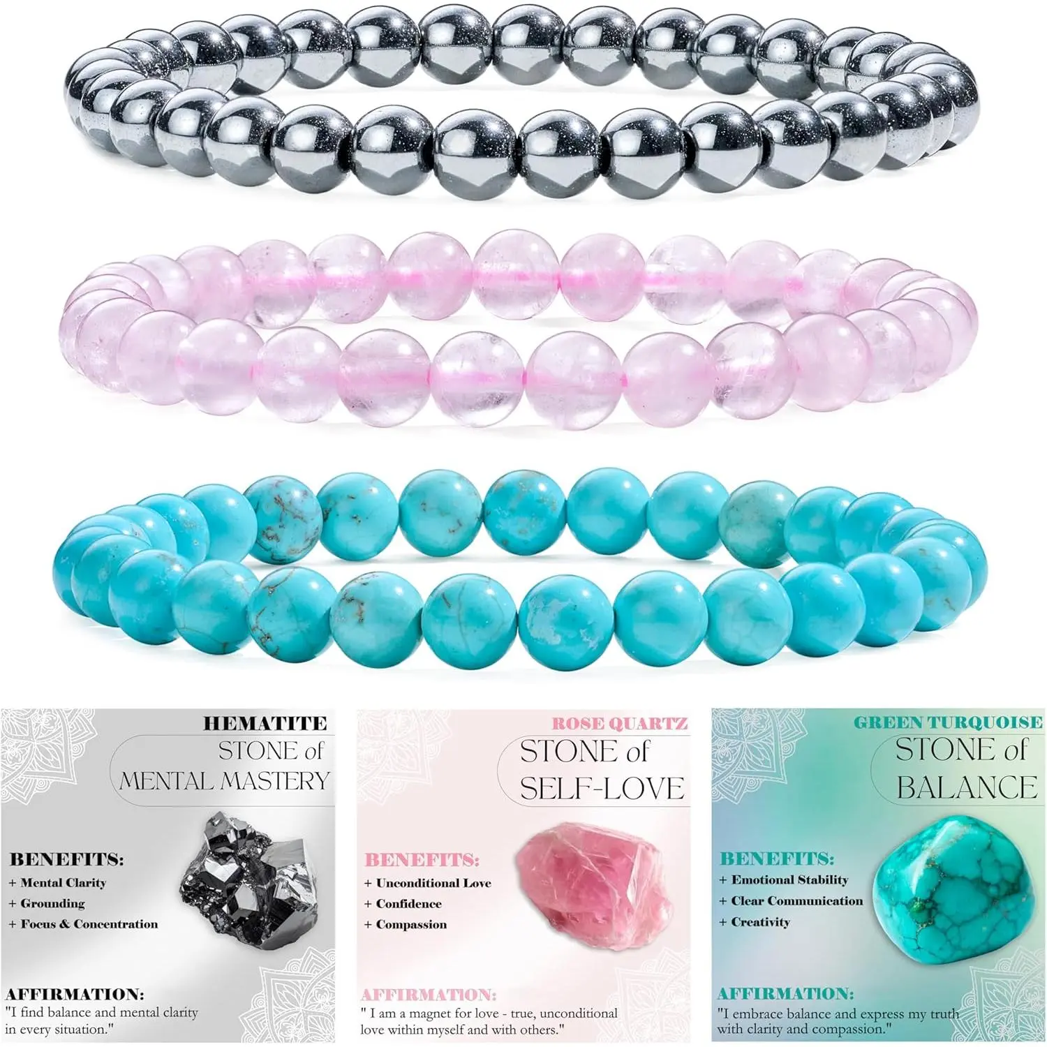 Hematite + Rose Quartz + Green Turquoise