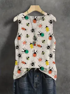 Elegant Women's Insect Animal Print Round Neck Camisole Tank Top Vest, Sleeveless Knit Backless Shirt, Breathable Casual Wear for Spring Summer Fall