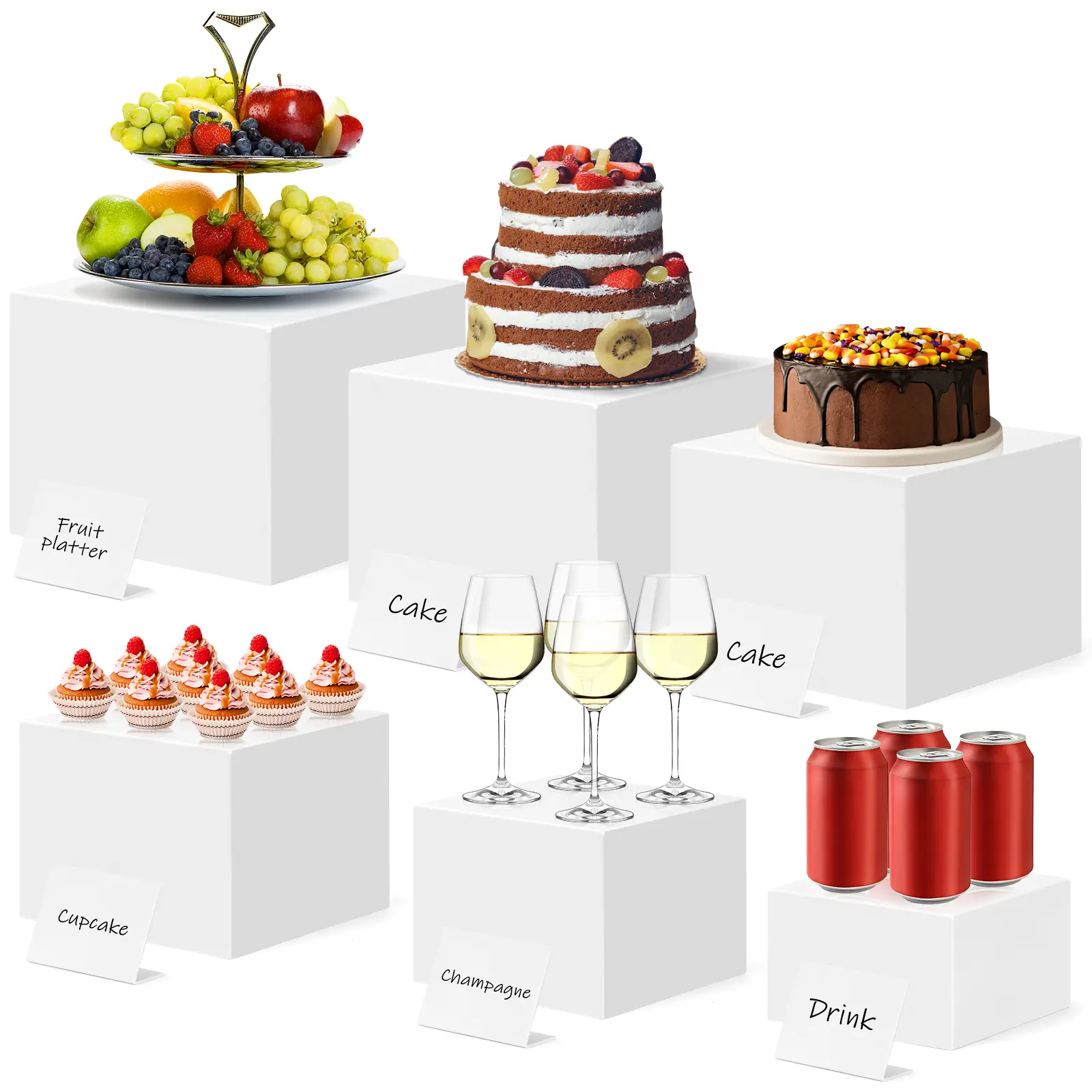 White Acrylic Buffet Risers - 6-Piece Nesting Cube Boxes with Hollow Bottoms (5in-10in), Easy-to-Clean Food Display Stands for Catering Desserts, Kitchenware Accessories