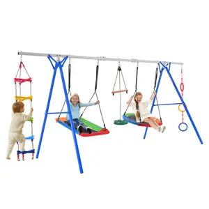 Multifunctional Toddler Swing, Kids Outdoor Swing Set, 5 in 1 Outdoor Toddler Swing Set for Backyard, Playground Swing Sets with Steel Frame, Multifunction Playsets for Kids with Climbing Ladder, Saucer Swing, Monkey Bar Swing, Disc Swing and Swing Ring