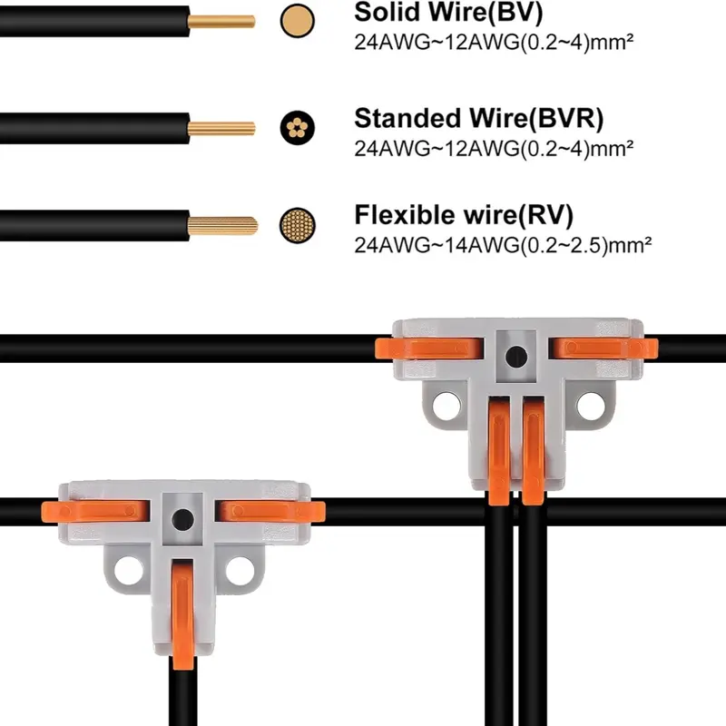 10Pcs Compact Wire Conductor Connector, T-Shape Lever Nut Wire Connector, Quick Splitter 3 Way Electrical Connectors, Quick Snap Connector, AWG 28-12