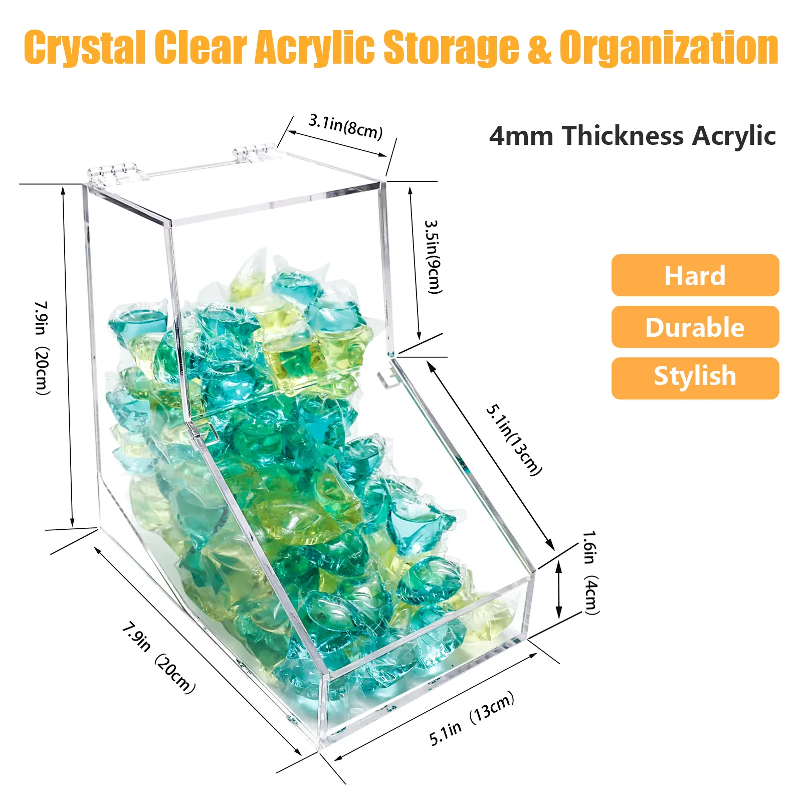 Laundry Pods Container, Acrylic Candy Dispenser Holder with 2 Lids, Dishwasher Pod Holder, Coffee Pod Holder, Office Used- Stand or Wall Mount (1pcs, 8.1" L x 5.3" W x 8.1" H)