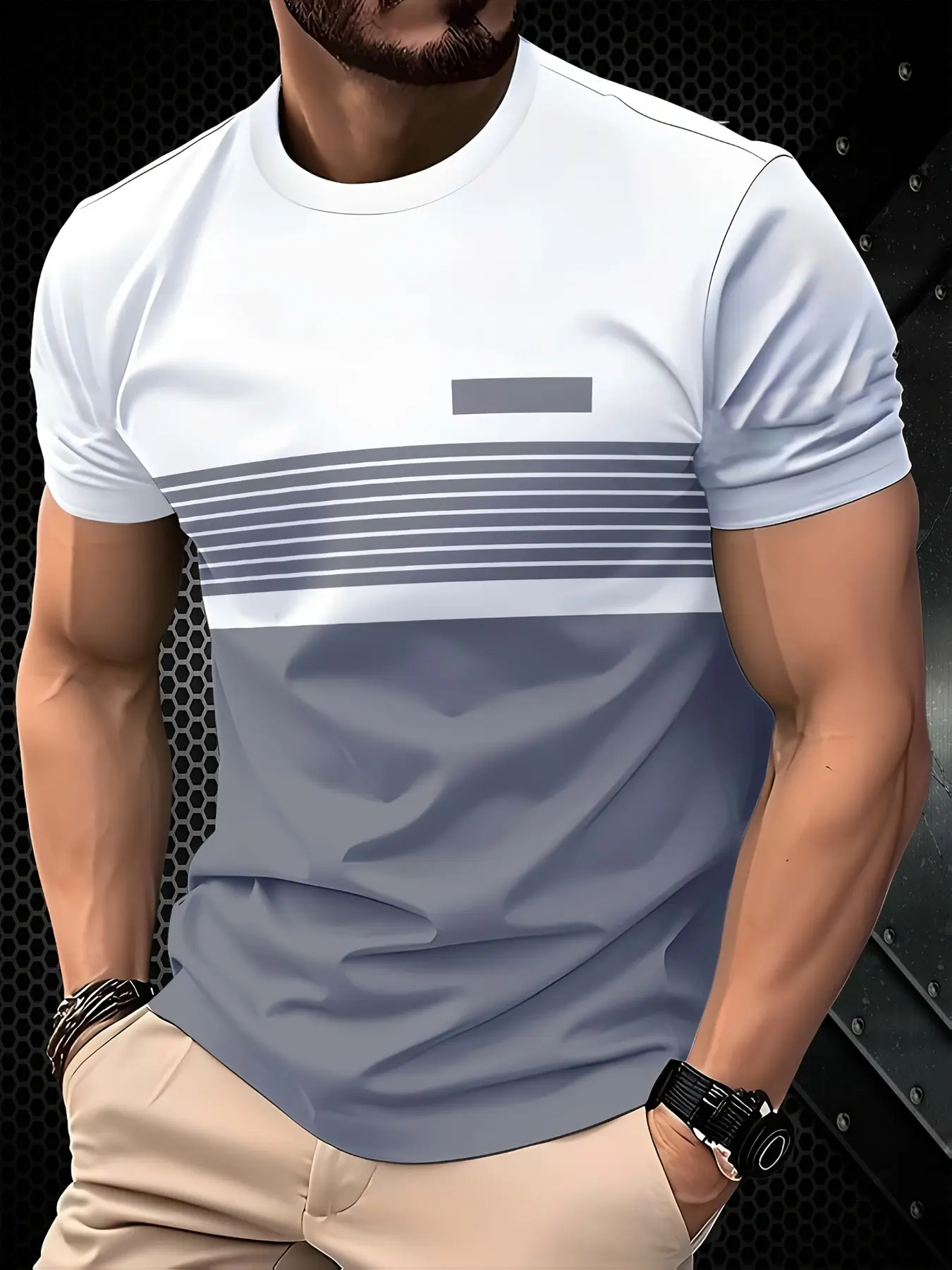 Men's Summer Casual Short-Sleeved Striped T-Shirt, Casual Style Tee - Breathable knitted fabric, color block stripes and subtle logo prints, suitable for daily wear, outdoor activities, beach parties, comfortable texture