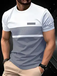Men's Summer Casual Short-Sleeved Striped T-Shirt - Breathable knitted fabric, color block stripes and subtle logo prints, suitable for daily wear, outdoor activities, beach parties. Horizontal stripe pattern, comfortable texture, Menswear