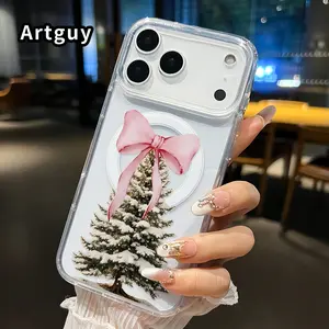 Snowy Tree Charm Pattern Magnetic Phone Case for iphone 17 Pro Max 16 Plus 15 14 13 12 11 Air XR E Anti-Yellowing Shockproof Lightweight Transparent Acrylic Large Hole Soft Cover Supports Wireless Charging