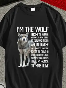 Men'S 220GSM Short Sleeve T-Shirt - Featuring a Wolf Graphic Print Crew Neck Design, Black with White Text, Comfortable for All Seasons, Ideal for Casual And Outdoor Activities, Wolf Graphic Tee with a Fun Seasonal Design