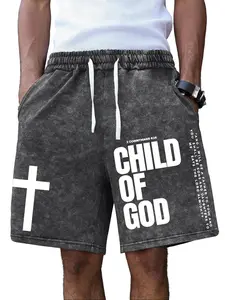 Men’s summer “Child of God” letter print shorts — washed, distressed cotton athletic shorts with cross design; casual loose fit with drawstring waist and pockets; includes Bible verses; 2000s style; suitable for running, golf, fishing, basketball, camping