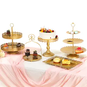 Complete Dessert Table Decoration Kit, Gold Metal Cake Stand Set with Chiffon Runner & White Tablecloth for Wedding Birthday Party