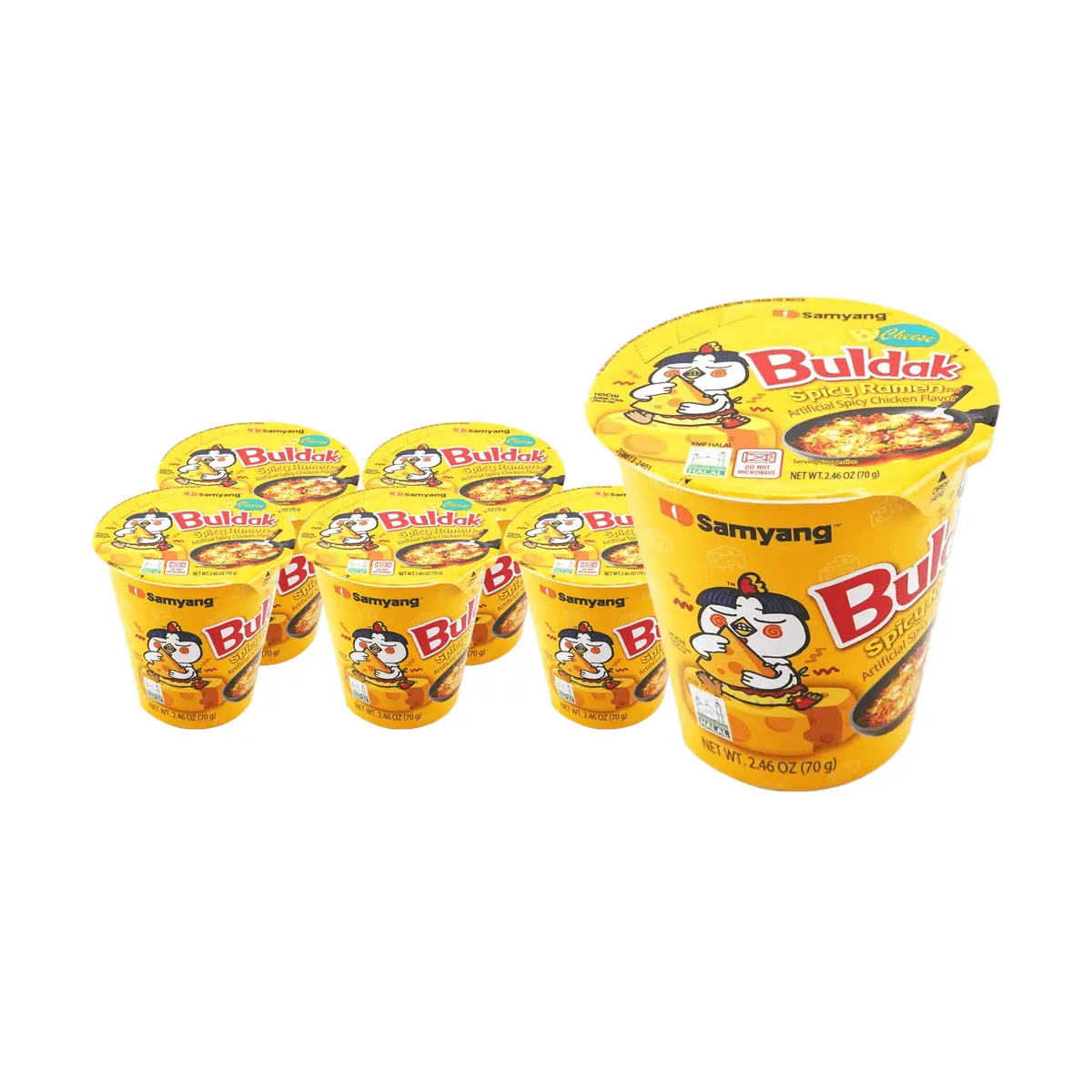 Samyang Buldak Cheese Ramen Noodles - Spicy Chicken Flavor Instant Cup Noodles, 6 Pack (70g Each) - Korean Halal Certified