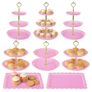 14-Piece Dessert Stand Set - 4 Tiered Cake Stands (3-Tier & 2-Tier) + 6 Rectangle Appetizer Trays - Thick Plastic Serving Platters for Cupcakes, Donuts, Fruits - Party, Wedding, Buffet Display