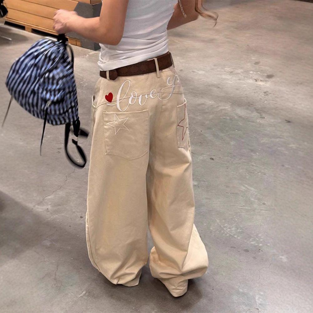 Beige Y2K Wide Leg Baggy Pants, Love You Embroidered Star Patch Cargo Trousers, Vintage High Waisted Casual Streetwear, Oversized Loose Fit Denim Jeans for Women, 2000s Aesthetic Fashion