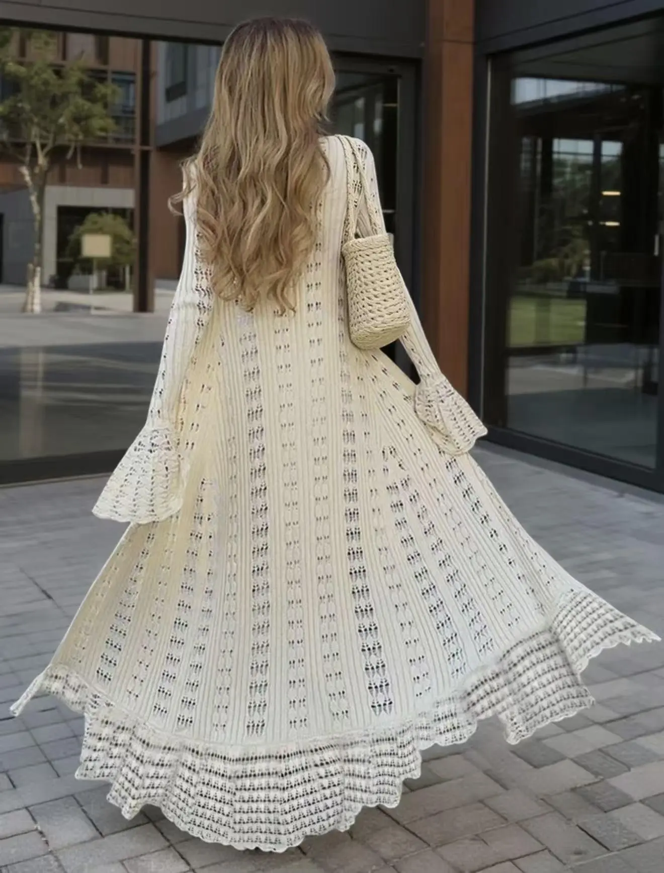 Lunar Covenant. Lady's Long-Sleeve Crochet Casual Wear, .Spring SummerSexy V-Neck Flare-Sleeve White Tight Sheer Long Dress,Women's Beach Cover-Up Clothes