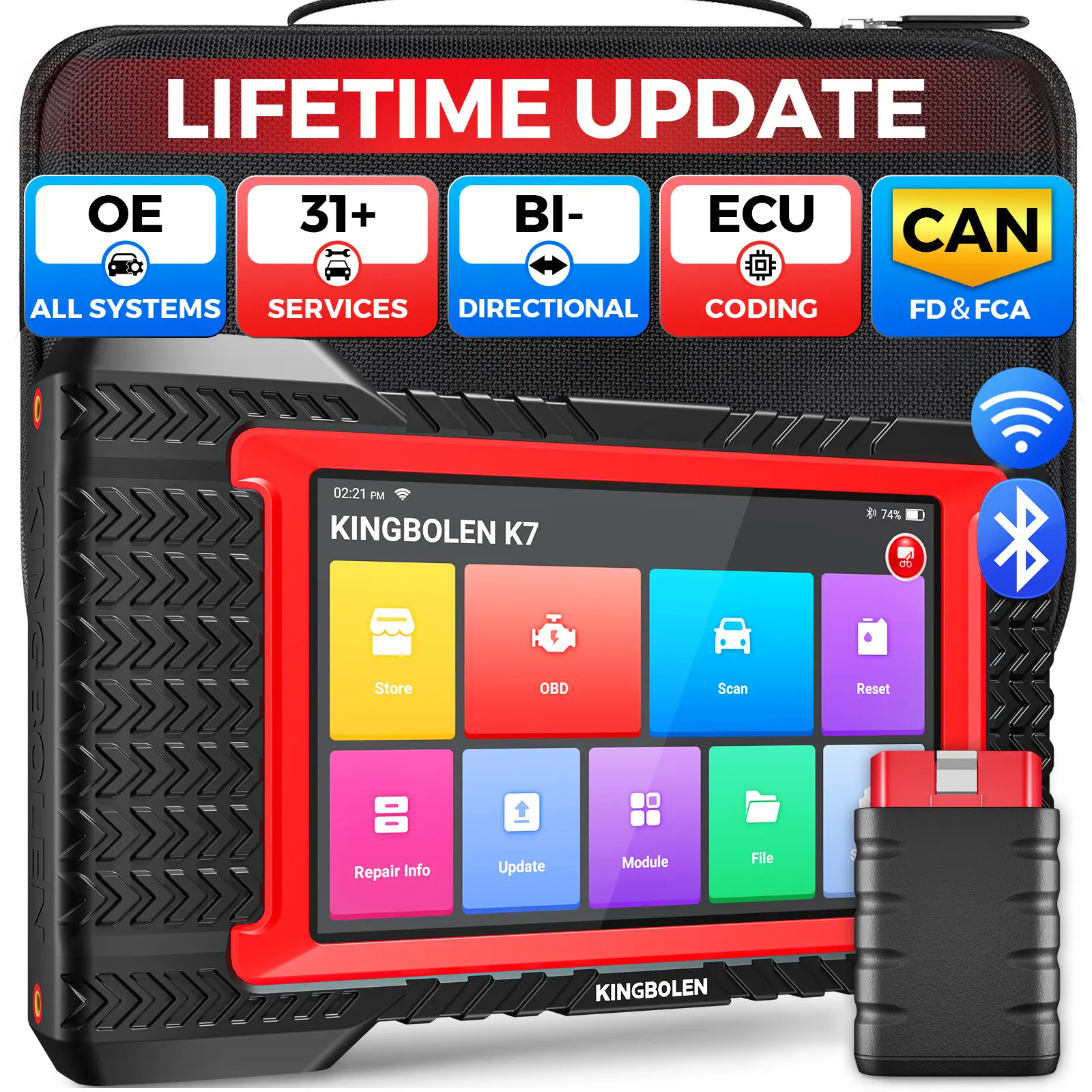 KINGBOLEN K7 OBD Scanner, 33ft Bluetooth Automotive Diagnostic Tool with Bidirectional Test, Built-in Lithium, 31+ Resets, Active Test, All-System Diagnostics, FCA AutoAuth, Reads Codes Across Most Vehicle ECUs, Lifetime Free Updates