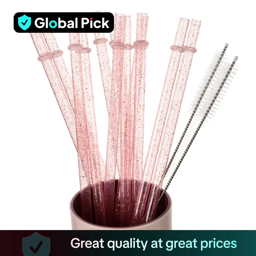 Reusable Drinking Straws with Cleaning Brush, 12pcs Durable Plastic Colorful Glitter Drinking Straws, Drinking Supplies for Home Kitchen Party Picnic