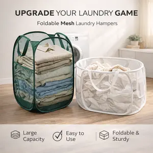 Foldable mesh laundry hamper, Collapsible laundry basket,Breathable mesh fabric, Sturdy steel frame,Large open top design，Laundry room organization, Bedroom clothes storage,  Apartment dwellers, Home organizers.#LaundryHamper #FoldableLaundryBasket