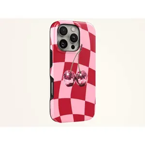 Cherry Phone Case Red Wave Check TOUGH Cover for iPhone 17 Pro Max, 16e, 15, 14, 13 & Samsung S26 Ultra, S25 FE, A57, A56, Pixel 10, 9A