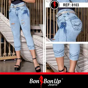 Bon BonUp Colombian Butt-Lifting Jeans for Women | High Waisted Stretchy Premium | Light Blue Capri Ripped Skinny | Bon BonUp Jeans Colombianos Levanta Cola para Mujer | Ref 8103