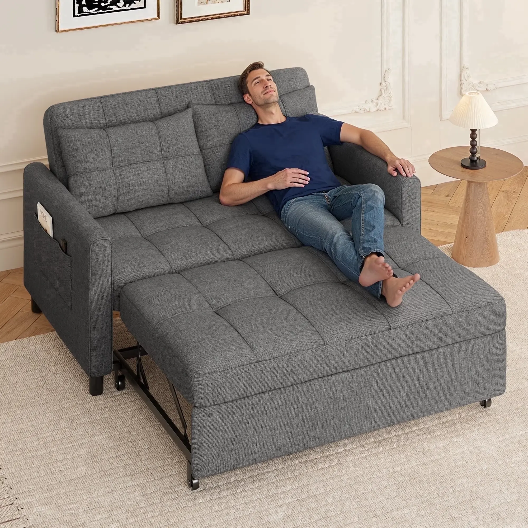 GIZOON 3-in-1 Upholstered Futon Sofa Bed, Space Saving Loveseat Sleeper with 53.2” Full-Size Pull-Out Couch, Linen Fabric Dark Grey Dual-Function Sofa Set, Expandable Futon with Side Pocket & Adjustable Backrest for Living Room, Dual-Function Sofa Sets