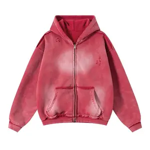 Men’s Vintage Zip Up Hoodie Heavyweight 400G Fleece Oversized Gradient Streetwear Unisex Hooded Jacket Washed Casual Sweatshirt Layer Pullover