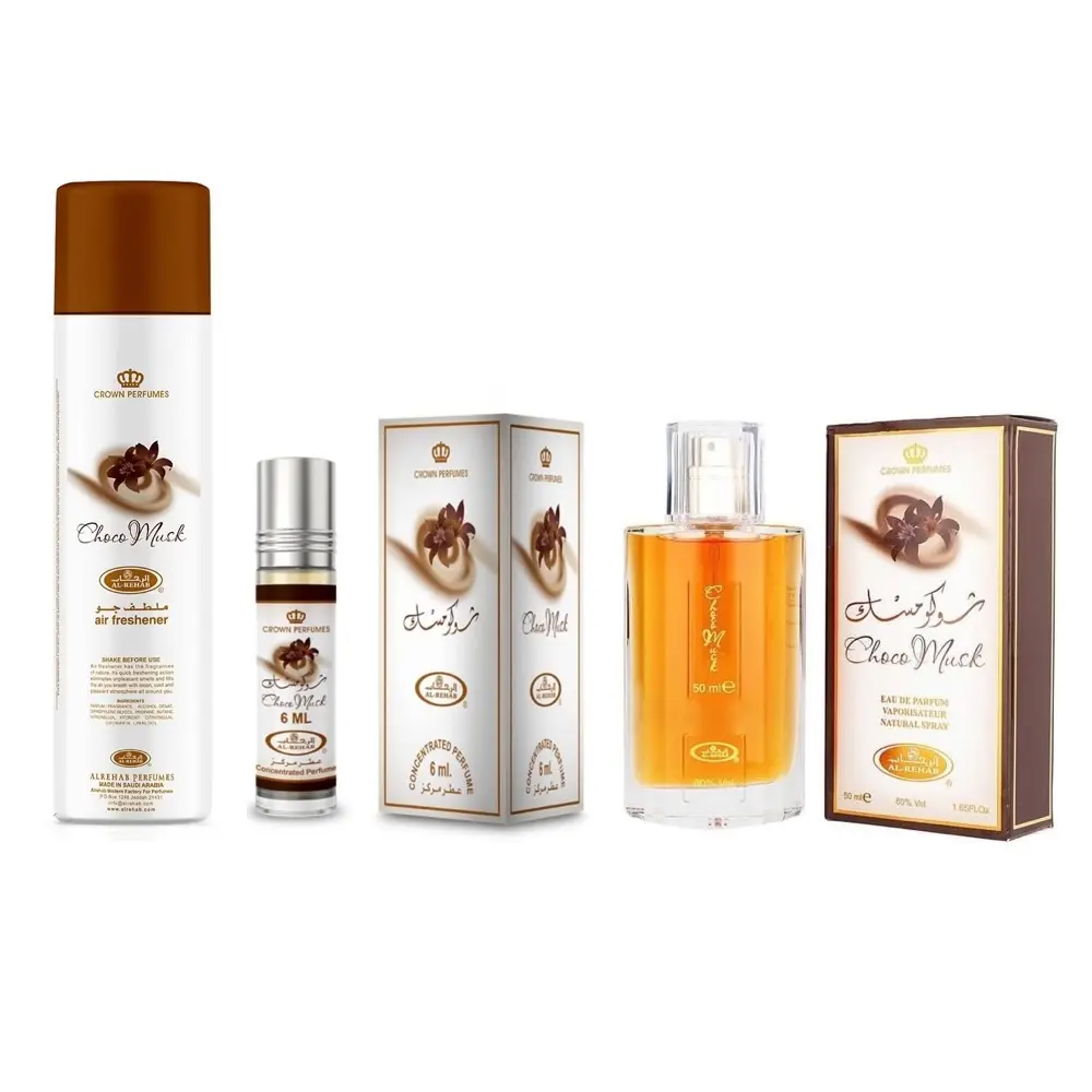 Choco Musk Eau de Parfum Spray 50 ml + Roll On Perfume Oil 6 ml + Air Freshener 300 ml Bundle Sweet Vanilla Chocolate Amber Cologne Perfume