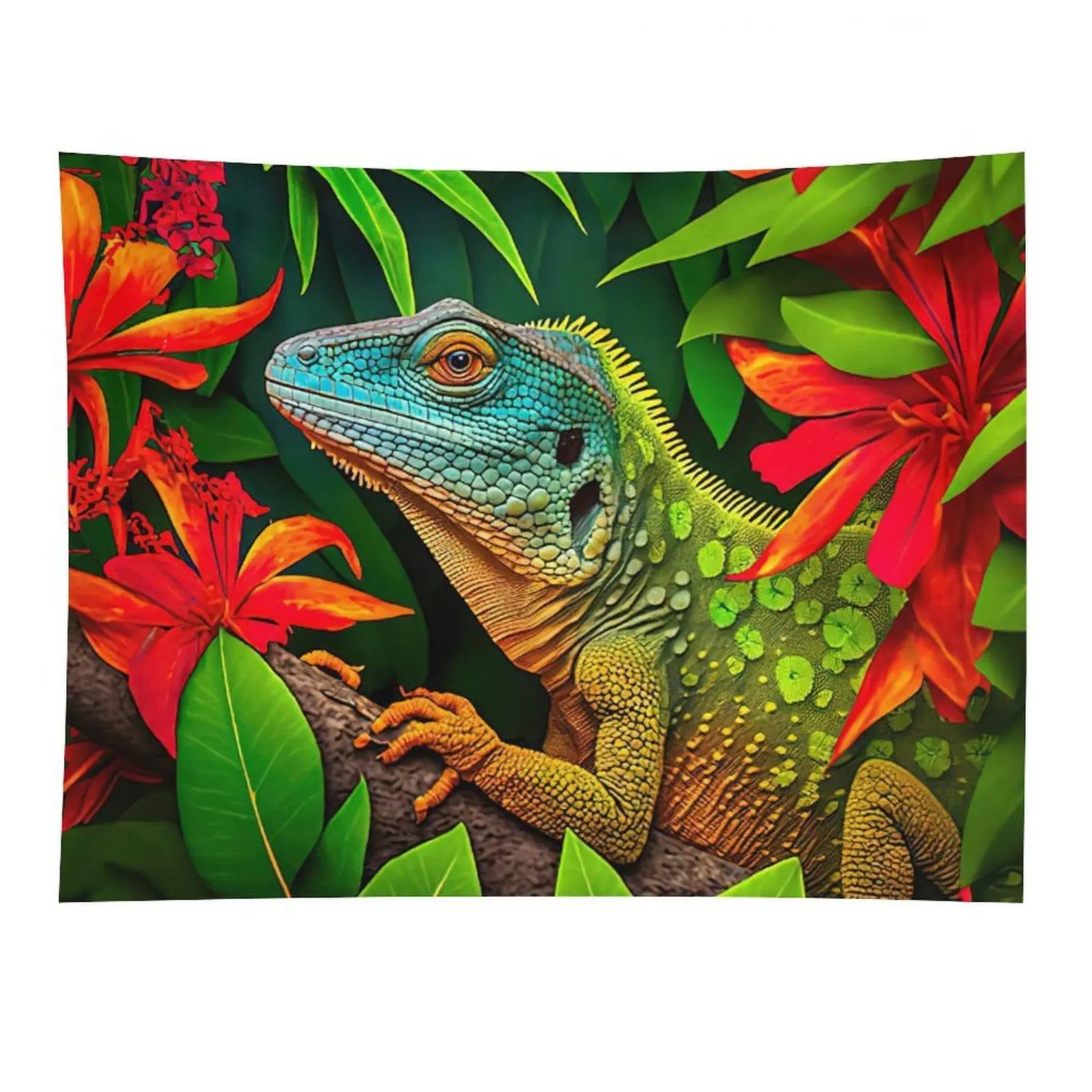 Tropical Iguana Flower Tapestry Colorful Lizard Jungle Wall Hanging Decor