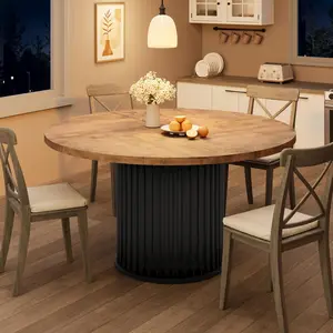 47 Inch Round Dining Table for 4-6 People, Black Dining Room Table with Sturdy Waveform Metal Pedestal Base, Industrial Circle Kitchen Table for Dining Room, Kitchen(Table Only)