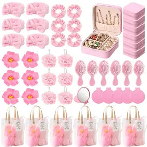55 Pcs Sleepover Bachelorette Party Spa Favors Game Prize, Include Small Travel Jewelry Case, Flower haiclip, Makeup Mirror, Bath Sponge, Hair Brush, Bow Headband, Scrunchie, Tag Card, Silk Ribbon, For Slumber Party Wedding Birthday Party Favors Gifts