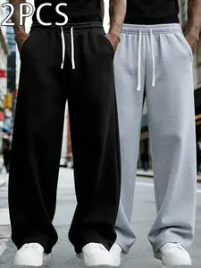 3-pack men’s new wide-leg curved-cut sweatpants for spring/autumn; trendy basic casual pants—loose, comfortable, and versatile—suitable for outdoor travel, home office, and various sports and leisure activities.