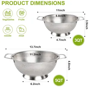 Colander Stainless Steel 3-Quart, Strainer for Kitchen Food, Dishwasher Safe