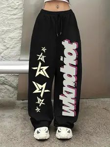 Women's Gothic Print Wide Leg Pants, Letter Star Pattern, Elastic Drawstring Waist, Casual High Waisted Straight Leg Jeans