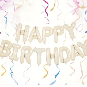 Cream Happy Birthday Balloon Banner, Letter Balloons, Reusable Polyester Foil Letter Decor, Unisex Party Decoration with Colorful Confetti