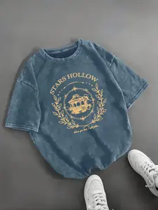 Women's Vintage Washed Cotton T-Shirt, Gossip Girl Stars Hollow Print, Comfortable Breathable Casual Top, Summer Wear