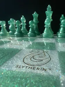 Harry Potter Customizable Epoxy Resin Chess Set Handmade Unique Luxury Gift Set with Slytherin Logo America Edition 32 Pieces Board 11x11 Inch